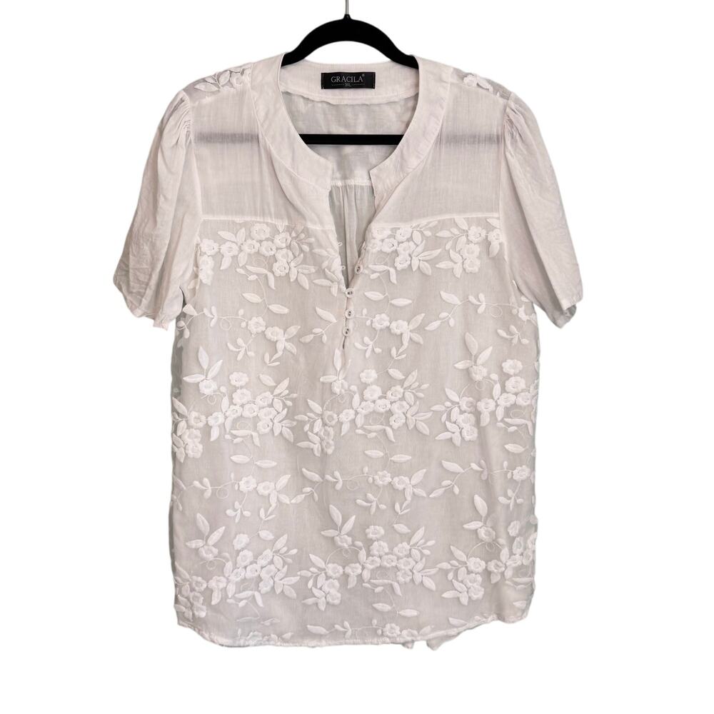 Gracila Blouse Women 3XL White Floral Embroidered Sheer Tunic Boho Short Sleeve